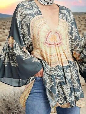 Free People Gray & Cream Paisley Deep V Tunic
